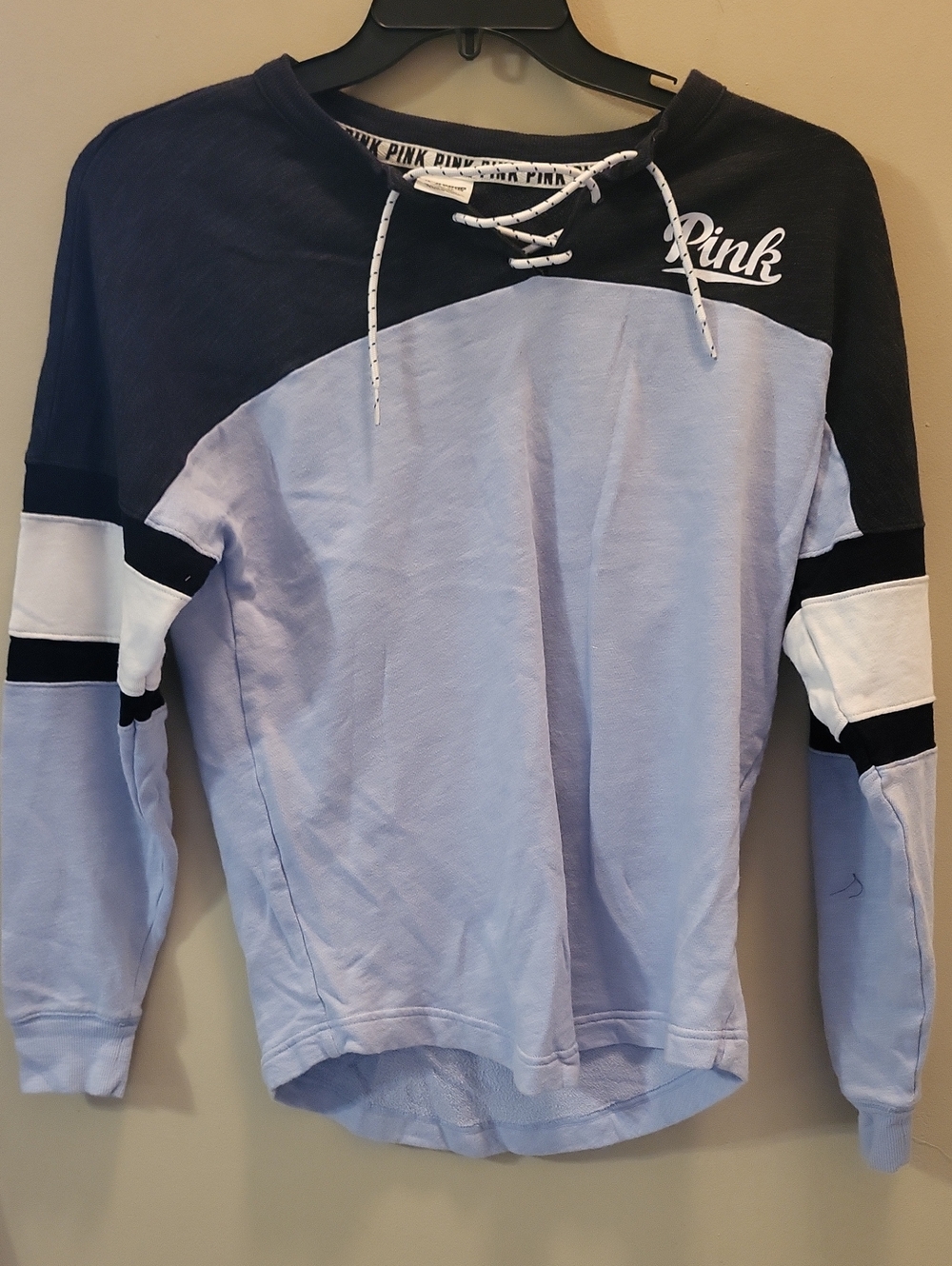 PINK Victoria's Secret Lace-Up Colorblock Crewneck Sweater - Light Blue & Black